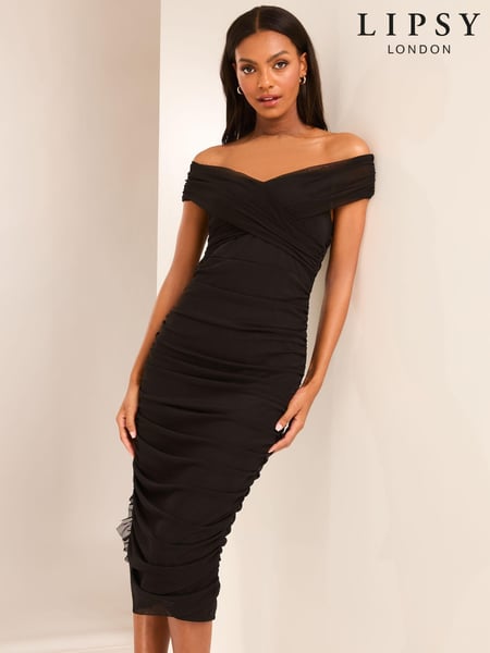 Lipsy Black Ruched Bodycon Bardot Midi Dress (B41878) | € 52
