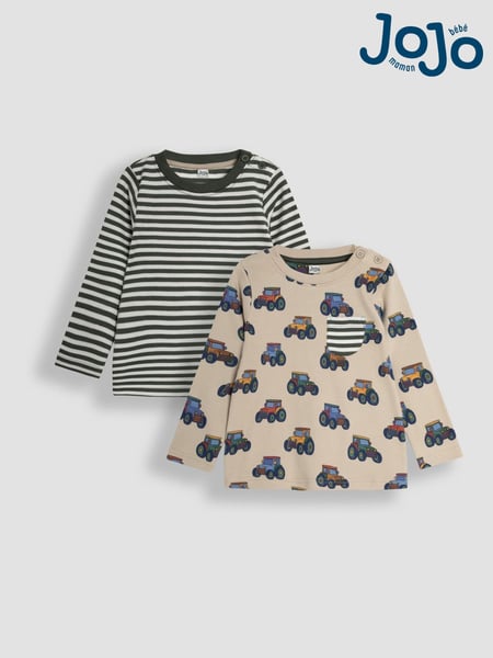 JoJo Maman Bébé Stone Tractor Print & Stripe Long Sleeve 2-Pack Tops (B42865) | € 35
