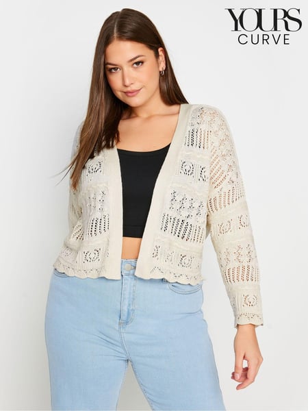 Yours Curve Ivory White Pure 100% Cotton Cropped Pointelle Cardigan (B42924) | € 45