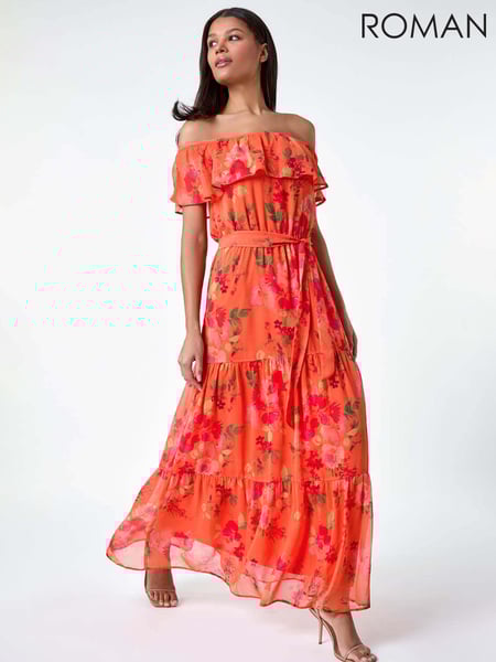 Roman Orange Floral Tiered Bardot Belted Dress (B44635) | € 101