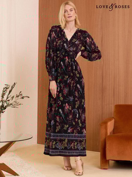 Love & Roses Black Bird Print Mesh Twist Front Midi Dress (B44848) | € 43