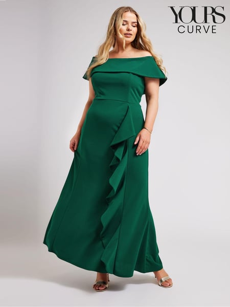Yours Curve Green London Ruffle Bardot Maxi Dress (B44883) | € 109