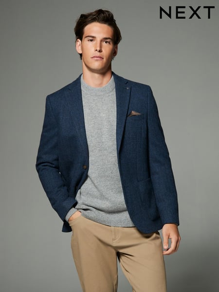 Blue Regular Fit Wool Rich Herringbone Blazer (B45285) | € 148
