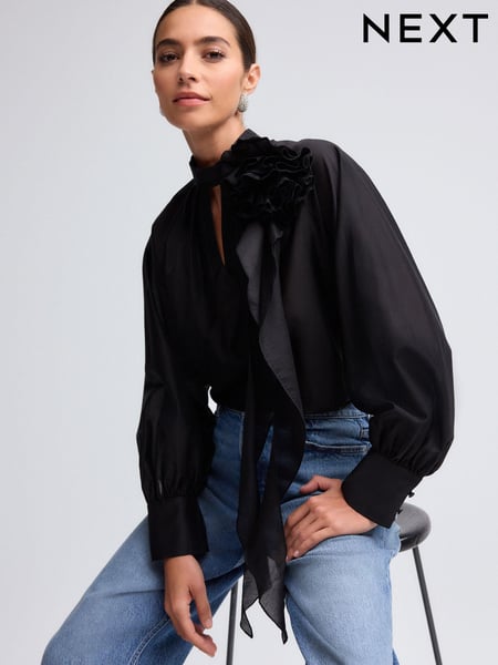 Black Corsage Long Sleeve Ruffle Blouse (B45419) | € 18