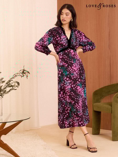 Love & Roses Black Animal Printed Tipped 3/4 Sleeve Midi Dress (B45897) | € 106