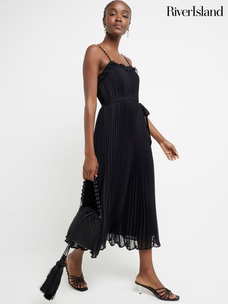 River Island Black Pleated Pearl Ruffle Midi Dress (B46373) | € 38