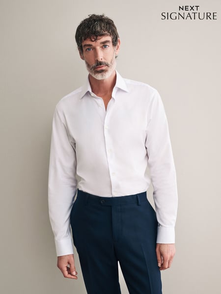 White Slim Fit Signature 100% Cotton Canclini Textured Shirt (B46390) | € 90