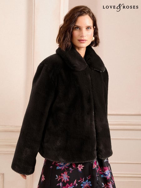 Love & Roses Black Faux Fur Collared Coat (B46717) | € 93