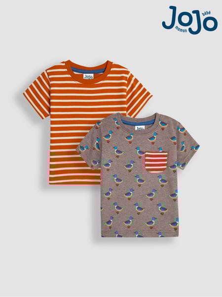 JoJo Maman Bébé Mocha Duck Print And Stripe T-Shirts 2 Pack (B46929) | € 34