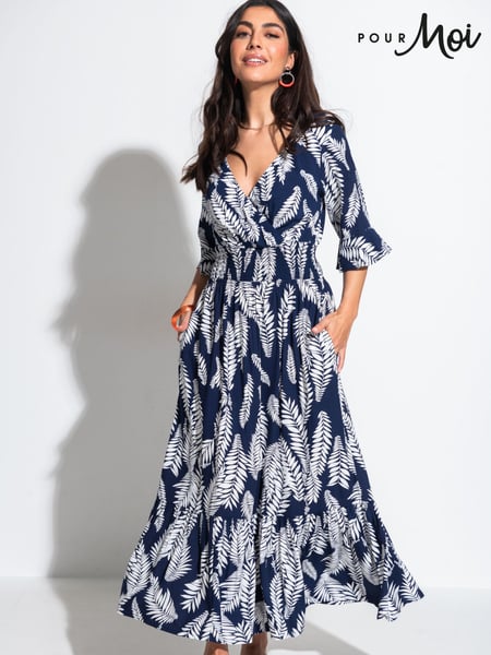 Pour Moi Navy Blue & White Leaf Carmen Fuller Bust Elasticated Neckline Midaxi Dress (B47027) | € 81