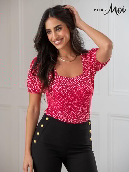 Pour Moi Red & White Birdie Square Neck Slinky Puff Sleeve Stretch Top (B47221) | € 50