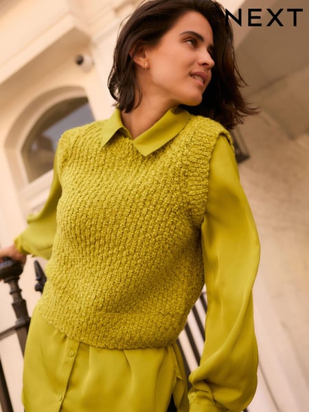 Lime Green Sleeveless Satin Shirt Layer Knitted Vest Jumper (B48042) | € 13