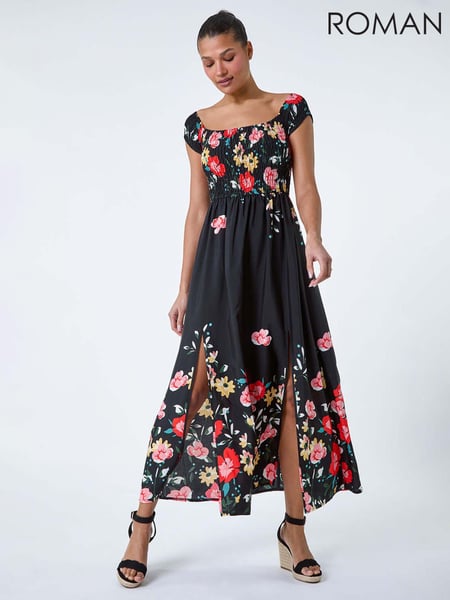 Roman Black Floral Shirred Bardot Maxi Dress (B48835) | € 66
