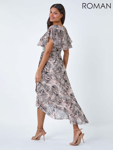 Roman Black Leaf Print Chiffon Midi Wrap Dress (B49293) | € 50