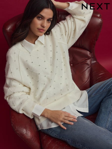 White Ecru Sparkle Shirt Layer Gem Embellished Argyle Knitted Jumper (B50350) | € 57