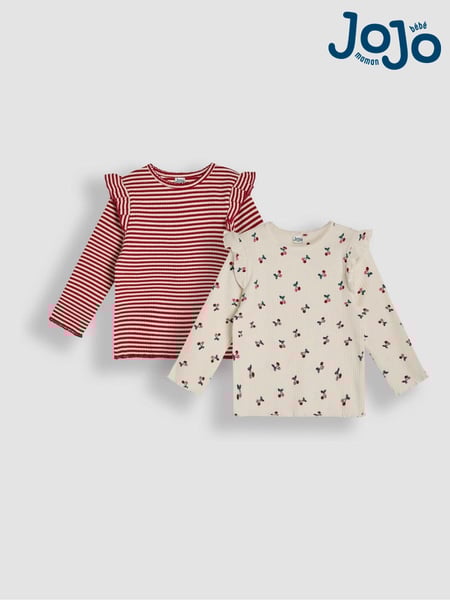 JoJo Maman Bébé Cream 2-Pack Cherry & Stripe Frill Rib Tops (B51009) | € 35