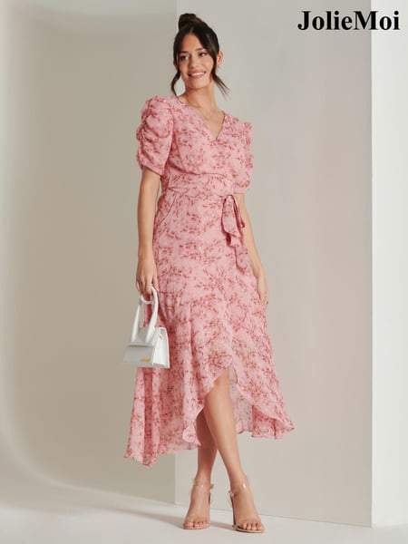 Jolie Moi Pink Print Metallic Textured Chiffon Midi Dress (B51308) | € 117