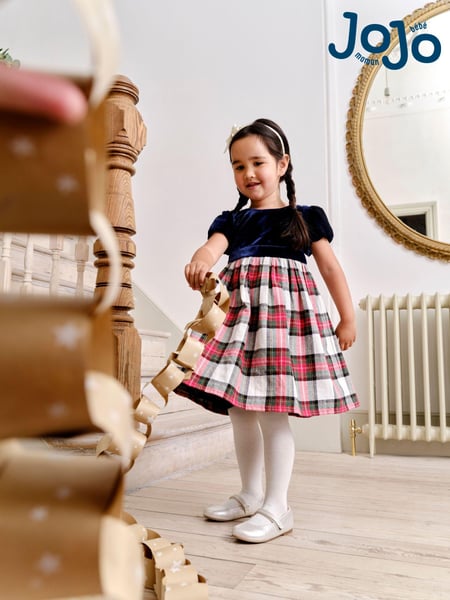 JoJo Maman Bébé Navy Blue Check & Velvet Party Dress (B52659) | € 67 - € 73