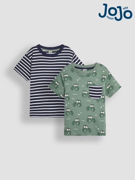 JoJo Maman Bébé Green 2-Pack Tractor Print & Stripe T-Shirts (B53345) | € 34