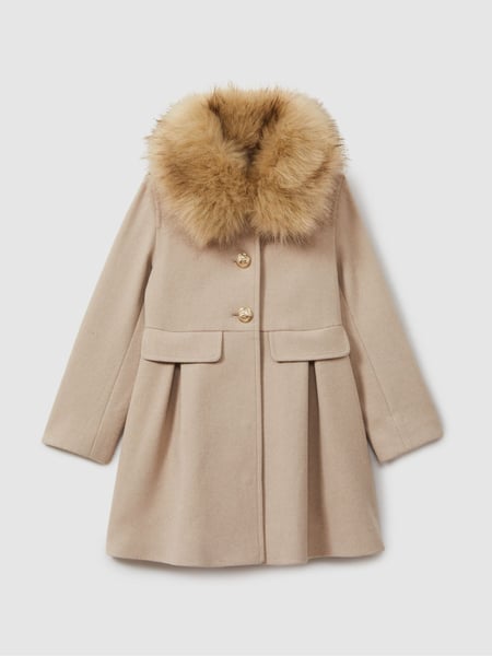 Reiss Oatmeal Nicole 13-14 yrs Faux Fur Collar Wool Blend Coat (B53816) | € 212