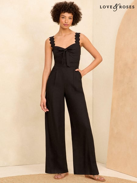 Love & Roses Black Petite Scallop Wide Leg Jumpsuit With Linen (B54906) | € 34