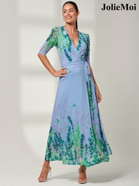 Jolie Moi Light Blue Kinley Print Wrap Mesh Maxi Dress (B55759) | € 123