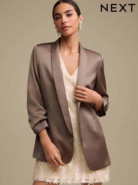 Khaki Green Satin Relaxed Ruched Sleeve Blazer (B55777) | € 53