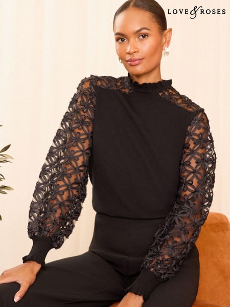 Love & Roses Pure Black Fine Gauge Woven Mix Flute Sleeve Jumper (B56029) | € 46