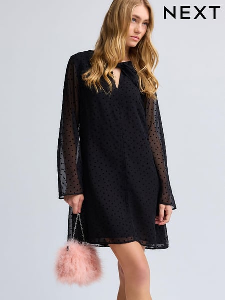 Black On Black Polka Dot Spot Bow Neck Detail Long Sleeve Mini Dress (B56257) | € 33
