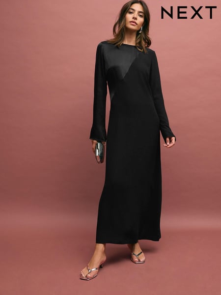 Black Long Sleeve Satin Mix Column Midi Dress (B56409) | € 21