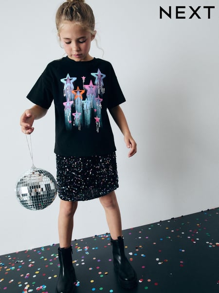 Black Sequin Star Graphic 100% Cotton T-Shirt (3-16yrs) (B56980) | € 11 - € 16