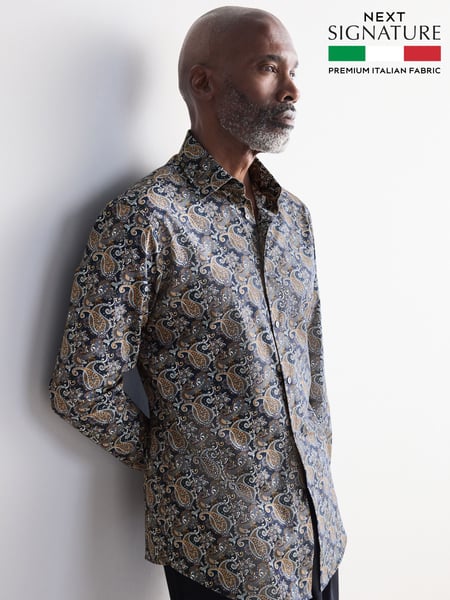 Charcoal Grey Paisley Slim Fit Signature Single Cuff 100% Cotton Formal Shirt (B57032) | € 82