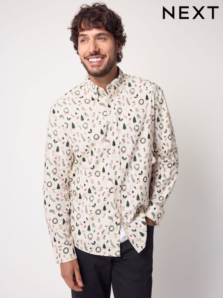 White Wreath Long Sleeve Christmas Print 100% Cotton Oxford Shirt (B57053) | € 24