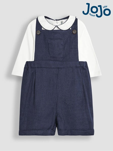 JoJo Maman Bébé Navy Houndstooth Dungarees And Tops Set (B57180) | € 57