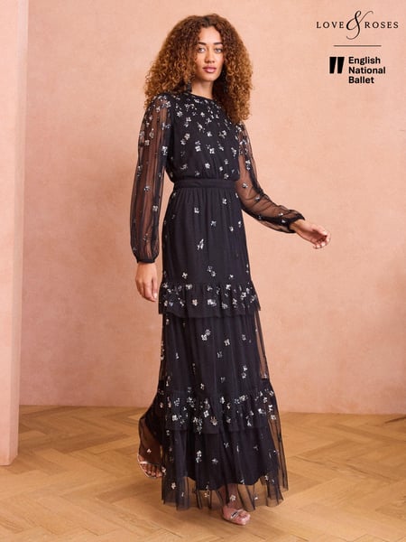 Love & Roses Black Sequin Mesh Polka Dot Tierred Midi Dress (B57318) | € 105