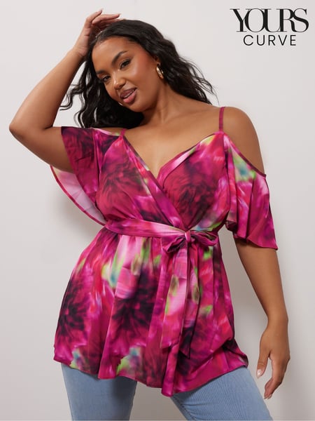 Yours Curve Pink YOURS LONDON Curve Navy Blue Floral Print Cold Shoulder Top (B57466) | € 66