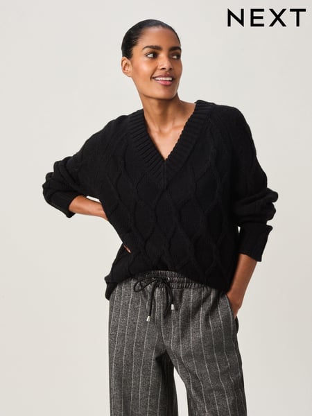 Black Cable Knitted Longline V-Neck Tunic Jumper with Wool (B59155) | € 26
