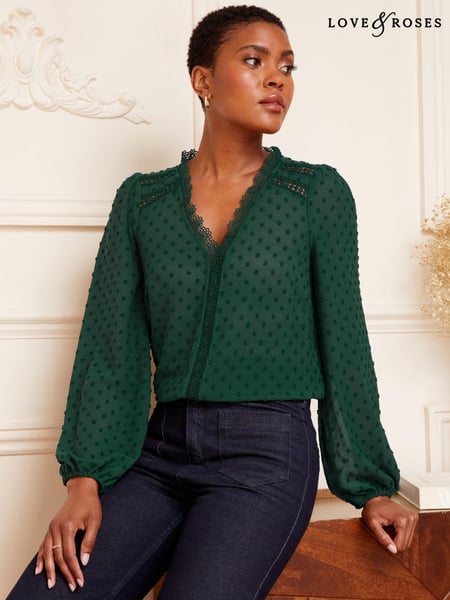 Love & Roses Green V Neck Lace Trim Dobby Blouse (B59840) | € 38