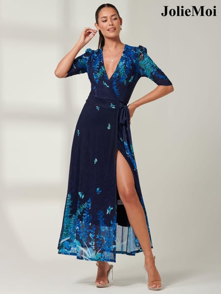 Jolie Moi Navy Blue Kinley Print Wrap Mesh Maxi Dress (B60691) | € 55