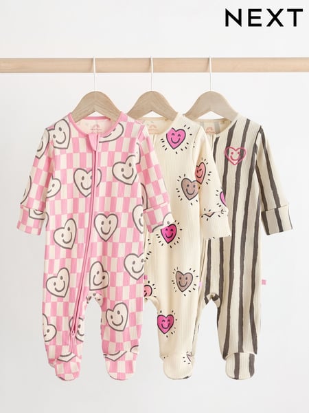 Pink Happy Heart Baby Two Way Zip Floral Print 100% Cotton Sleepsuits 3 Pack (0mths-3yrs) (B61422) | € 28 - € 31