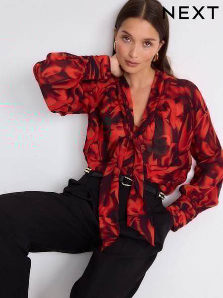 Red Bow Print Long Sleeve Tie Neck Blouse (B63197) | € 45