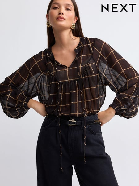 Black/Brown Check Long Sleeve Metallic Tie Neck Blouse (B63770) | € 14