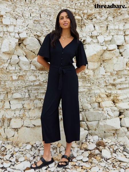 Threadbare Black Jersey Flutter Sleeve Belted Jumpsuit (B64876) | € 22