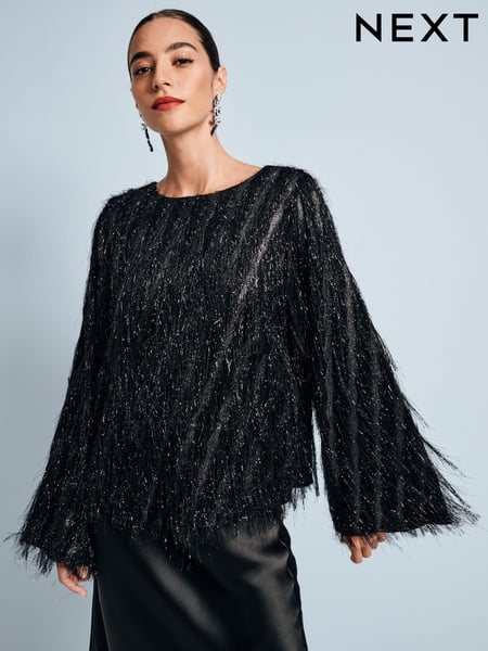 Black Sparkle Fringe Long Sleeve Tie Back Blouse (B66465) | € 42