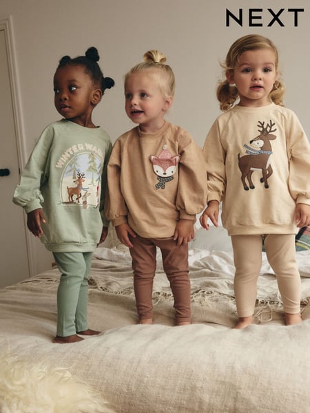 Sage Green/Cream/Camel Character 100% Cotton Leggings Pyjamas 3 Pack (9mths-8yrs) (B67101) | € 28 - € 35