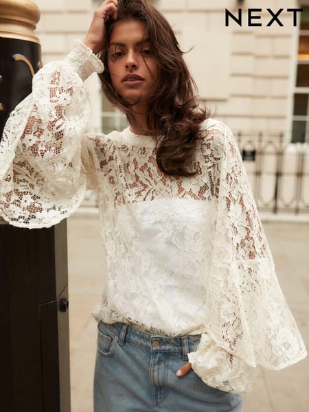 Ivory Round Neck Lace Long Sleeve Blouse (B67279) | € 29