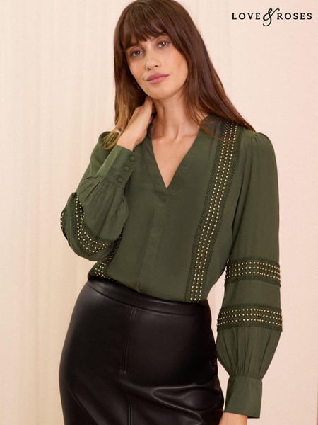 Love & Roses Khaki Green V Neck Hardware Detail Blouse (B67288) | € 42