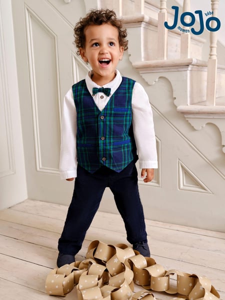 JoJo Maman Bébé Navy Tartan Waistcoat Shirt and Trousers Set (B68368) | € 72