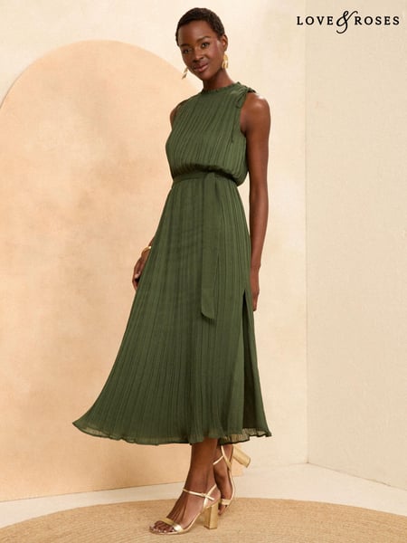 Love & Roses Khaki Green Sleeveless Pleated Belted Midaxi Dress (B69759) | € 101