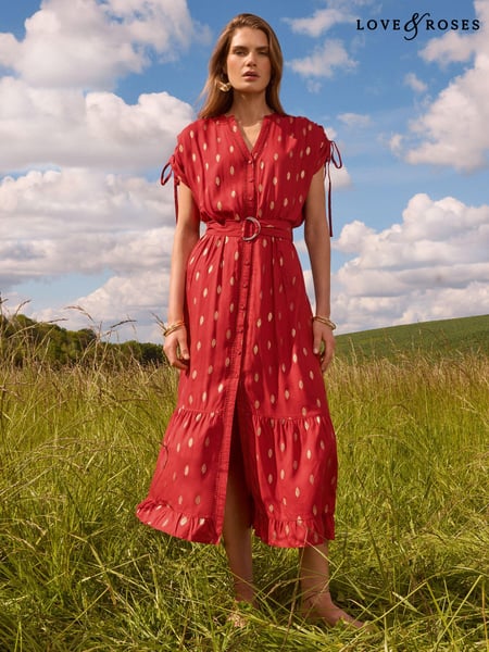 Love & Roses Red Foil Ruched Shoulder Belted Midi Dress (B71332) | € 38